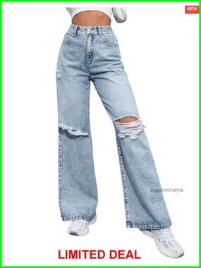 High Waisted Ripped Denim Jeans No Stretch Ankle Length Casual